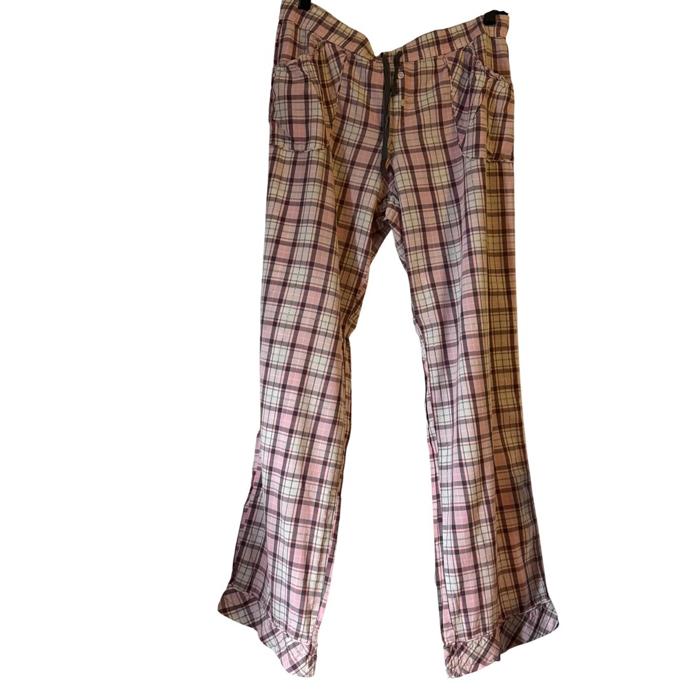 Victoria's Secret Pajama Pants Women M Pink Plaid Metallic Good Wide Leg Lounge